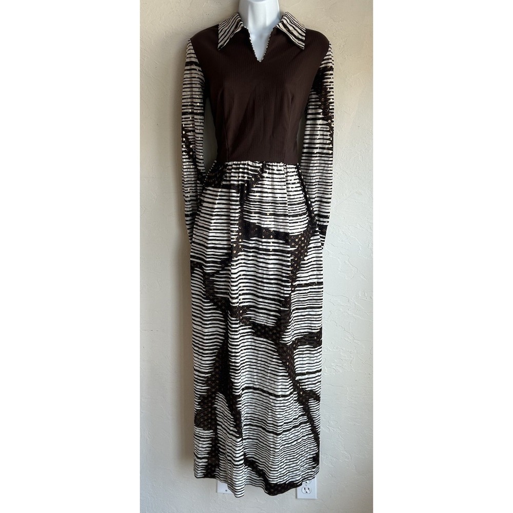 Vintage 70s Toni Todd Maxi Dress S M Brown Disco Boho Hostess Mod Glitter Stripe
